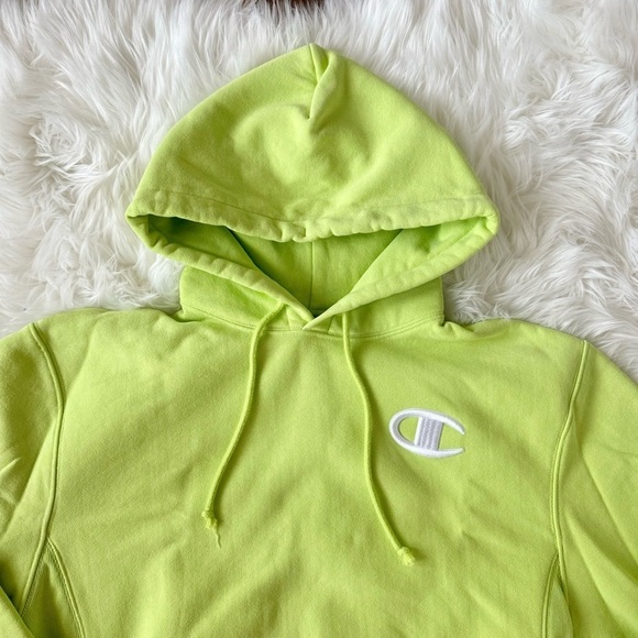 Champion Lime Neon Green Reverse Weave Cropped fleece Hoodie Heavyweight Small - Picture 8 of 16